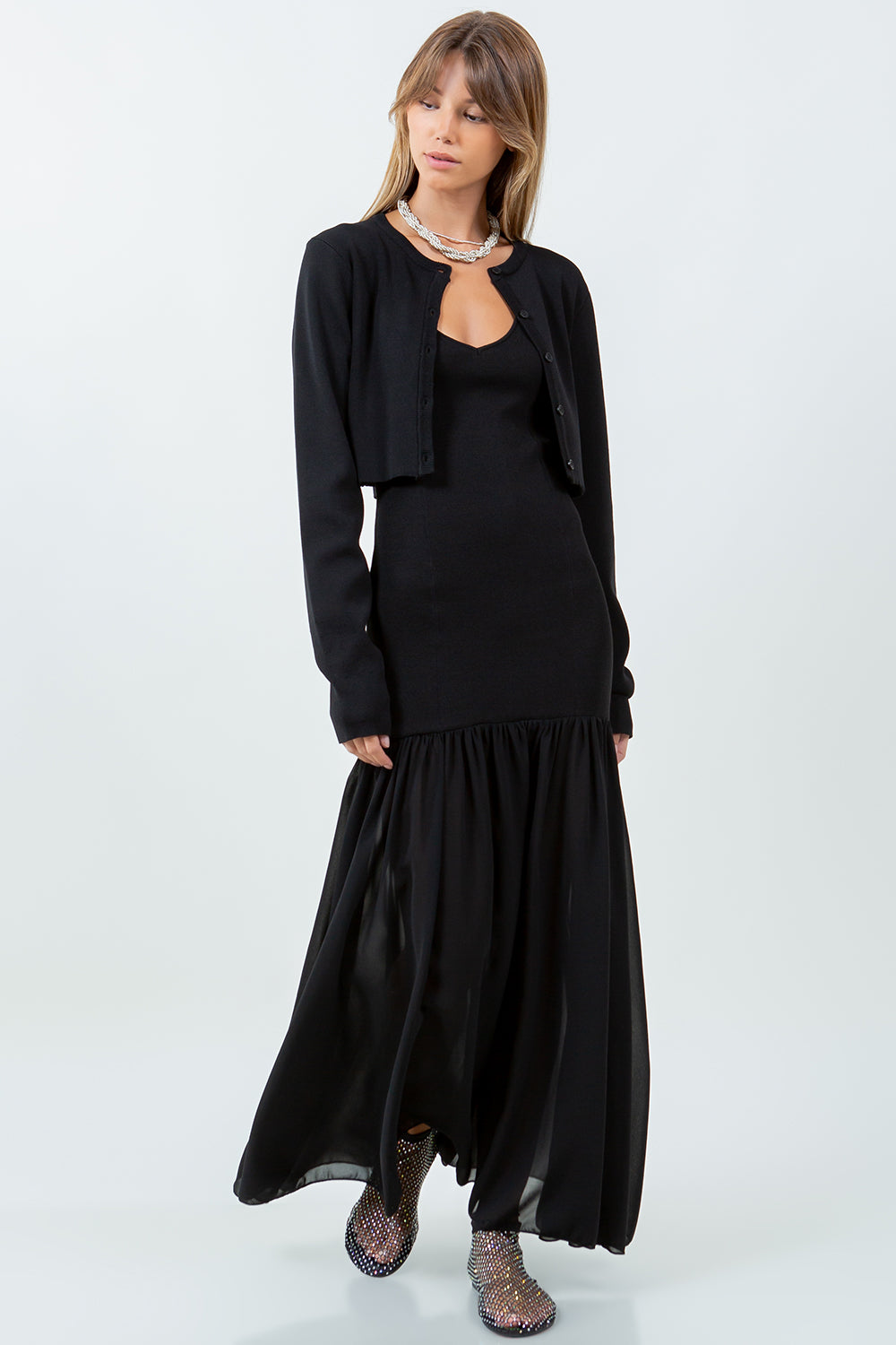 DETACHABLE CARDIGAN WITH CHIFFON MIX KNITTED DRESS - BLACK