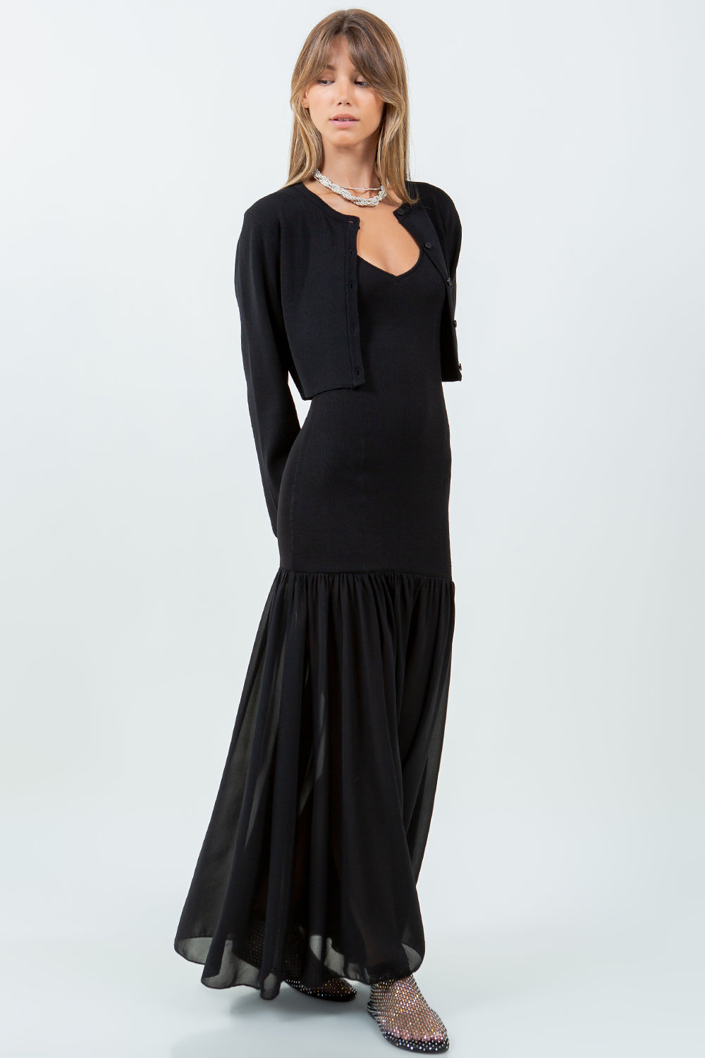 DETACHABLE CARDIGAN WITH CHIFFON MIX KNITTED DRESS - BLACK