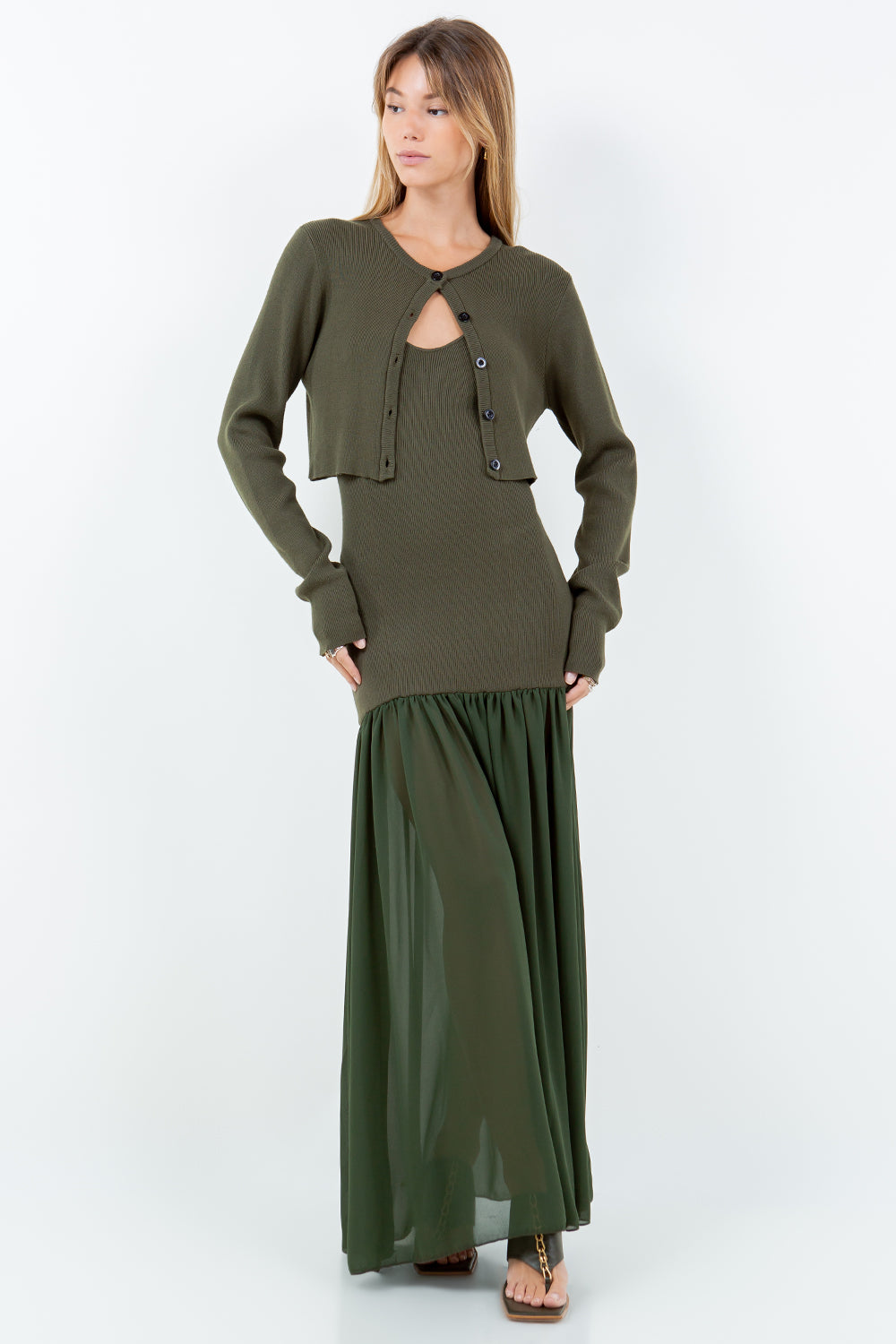 DETACHABLE CARDIGAN WITH CHIFFON MIX KNITTED DRESS - OLIVE