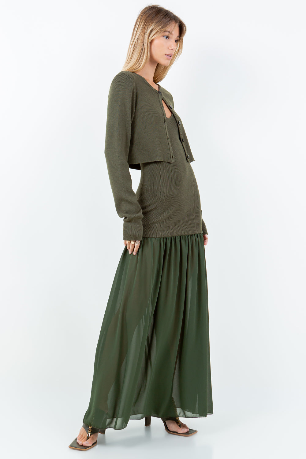 DETACHABLE CARDIGAN WITH CHIFFON MIX KNITTED DRESS - OLIVE