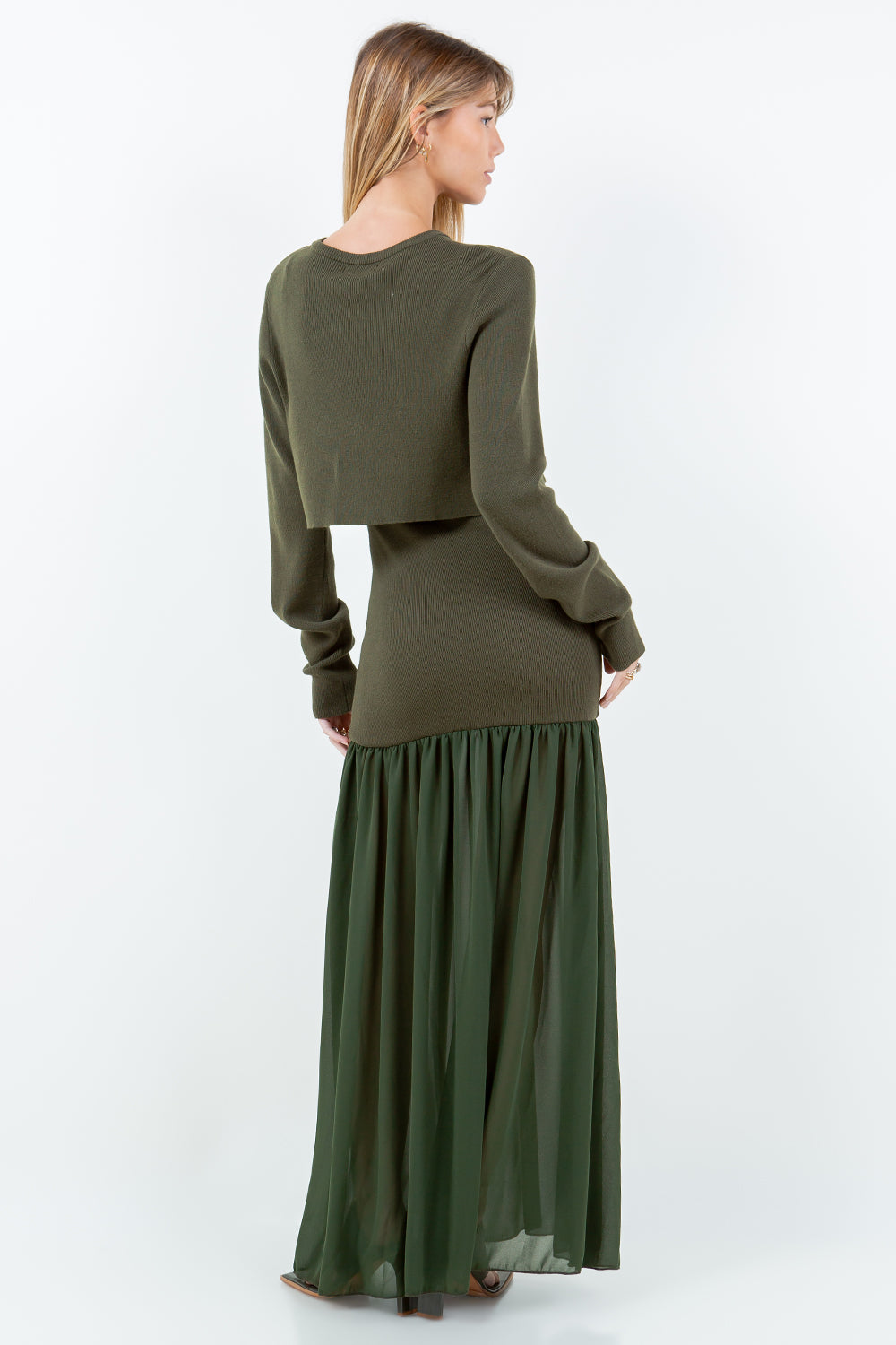 DETACHABLE CARDIGAN WITH CHIFFON MIX KNITTED DRESS - OLIVE