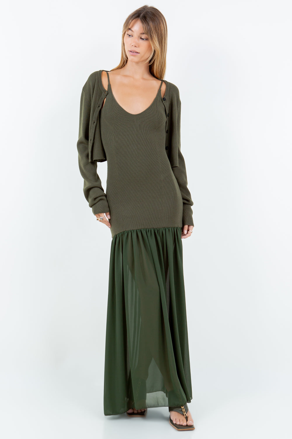 DETACHABLE CARDIGAN WITH CHIFFON MIX KNITTED DRESS - OLIVE