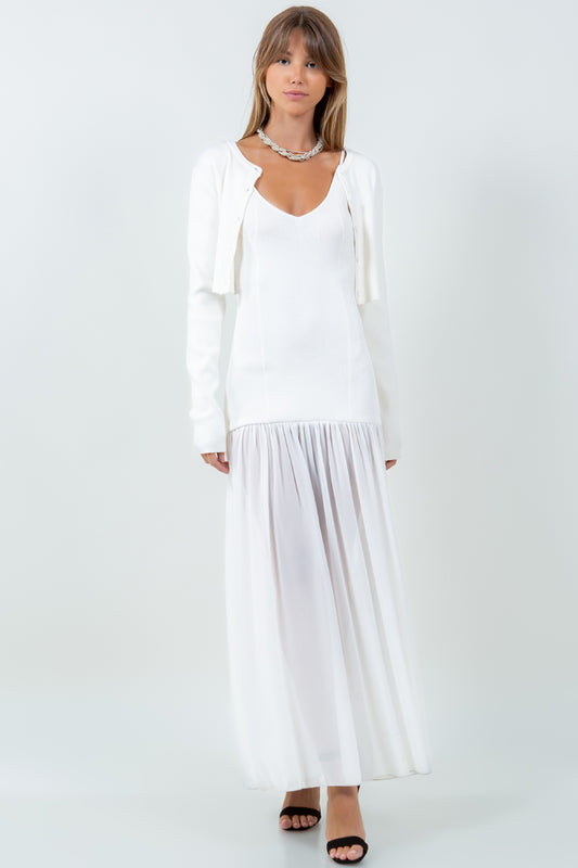 DETACHABLE CARDIGAN WITH CHIFFON MIX KNITTED DRESS - WHITE