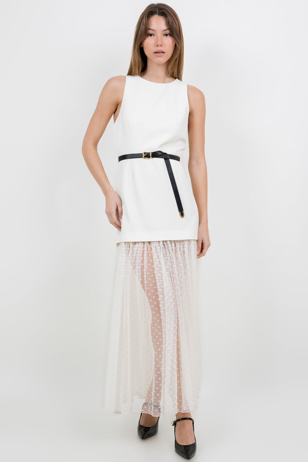 MESH POLKDA DOT SKIRT STRUCTURED WOVEN LONG DRESS - EGGSHELL