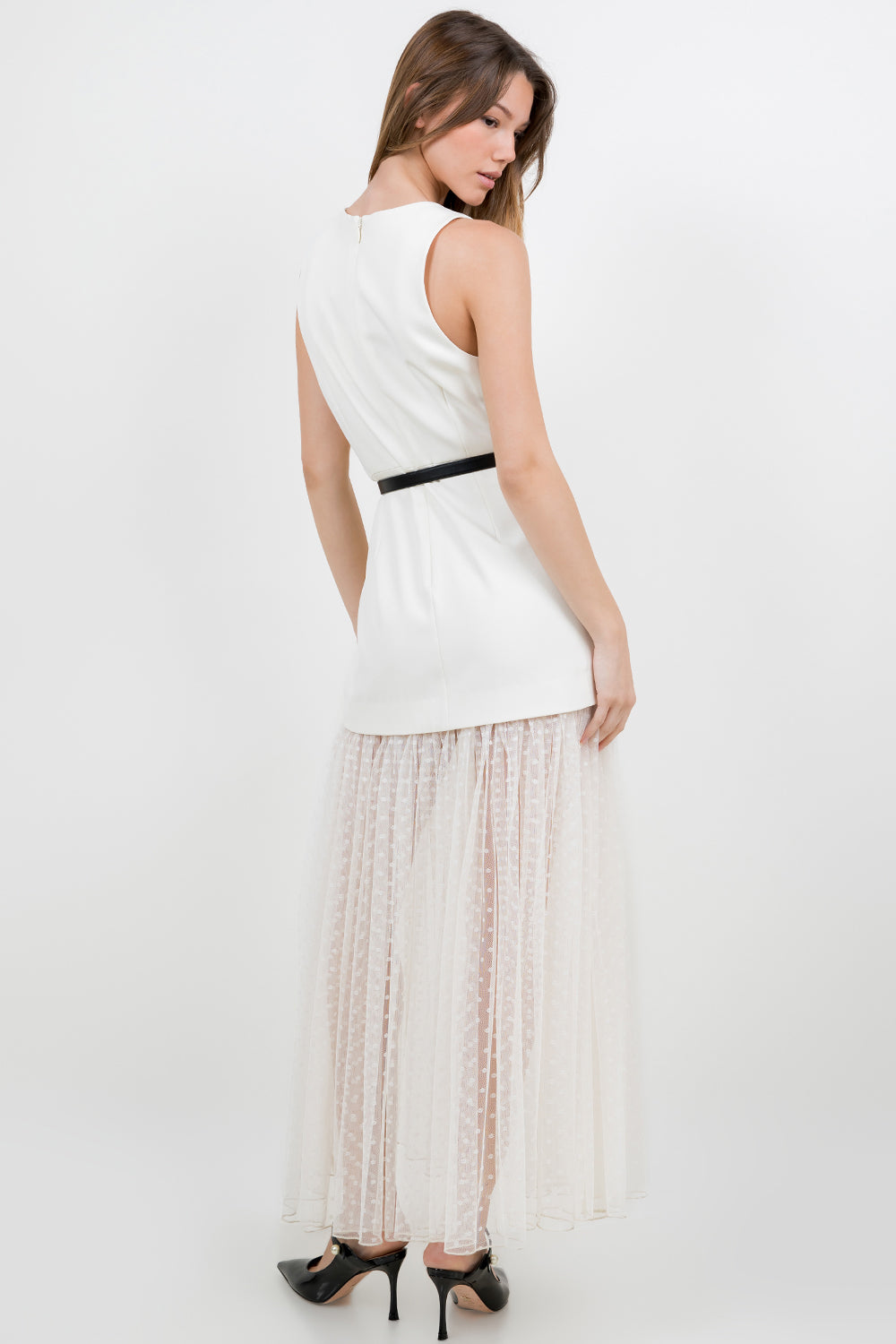 MESH POLKDA DOT SKIRT STRUCTURED WOVEN LONG DRESS - EGGSHELL