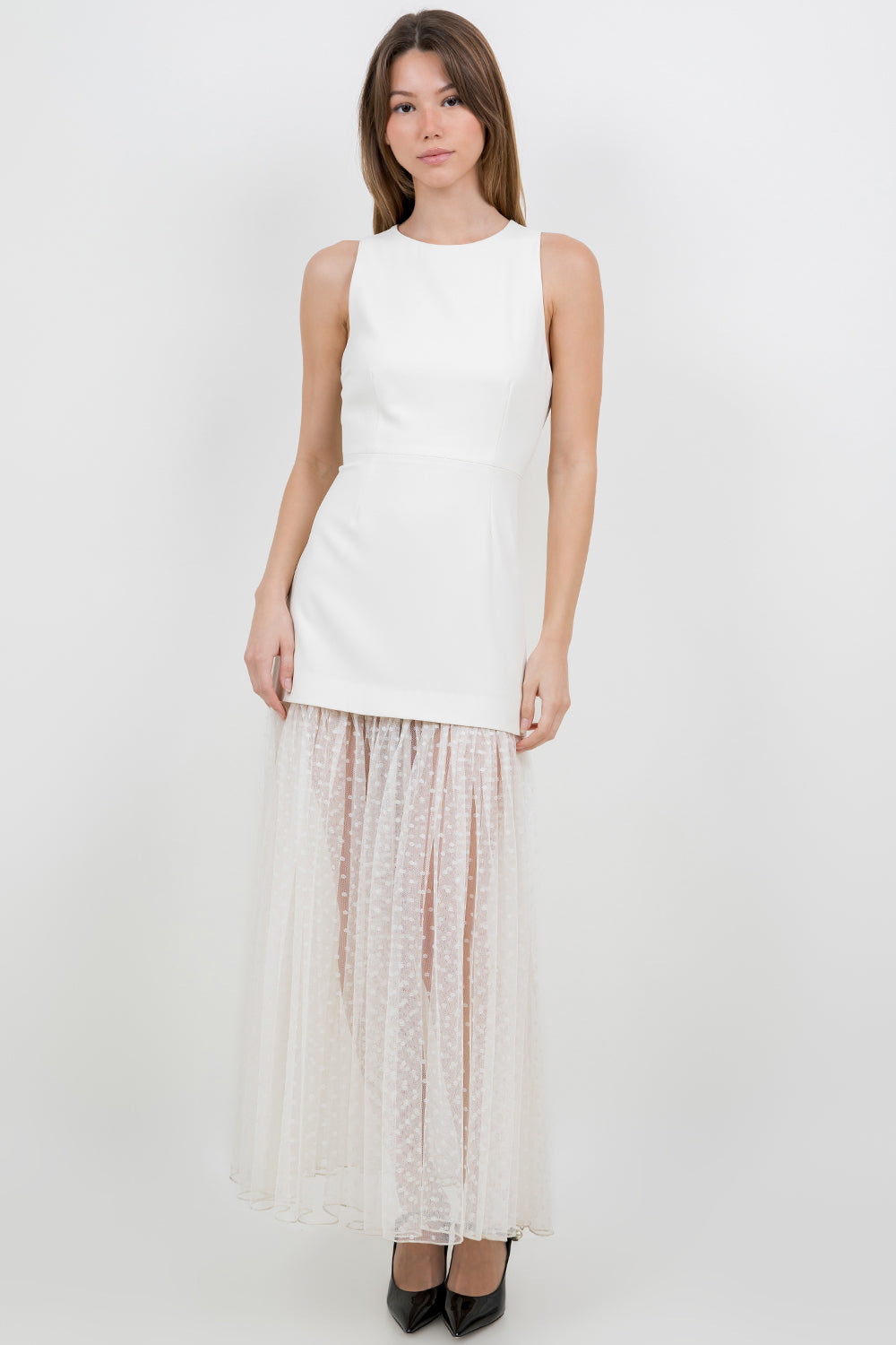 MESH POLKDA DOT SKIRT STRUCTURED WOVEN LONG DRESS - EGGSHELL