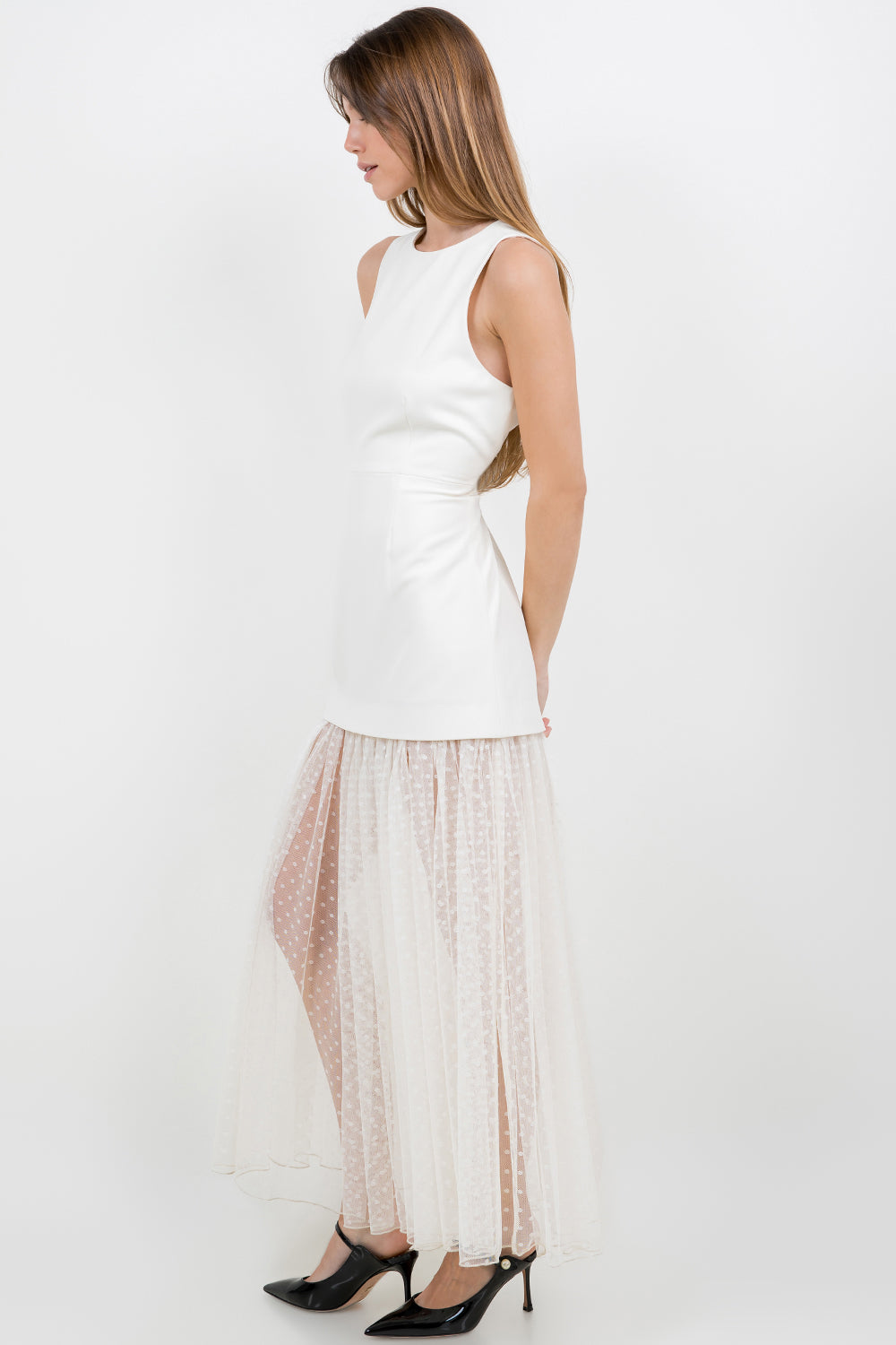 MESH POLKDA DOT SKIRT STRUCTURED WOVEN LONG DRESS - EGGSHELL