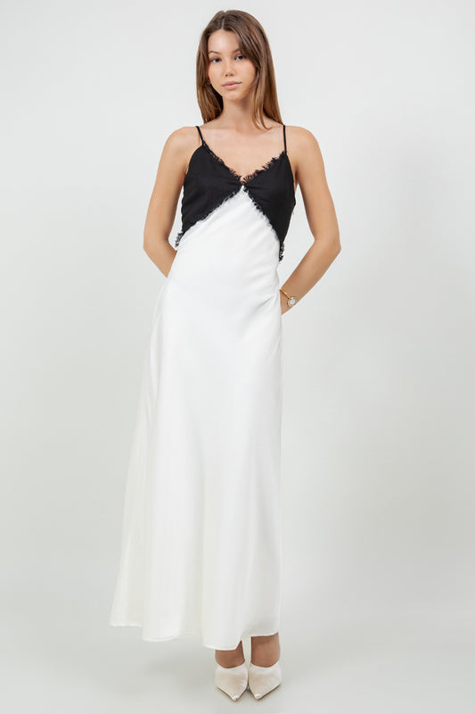 CONTRAST LINEN SATIN COMBO MAXI SLIP DRESS - BLACK/IVORY