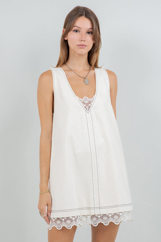DENIM WASHED CONTRAST LACE INSERT SHIFT DRESS - OATMEAL - Whiteroom+Cactus