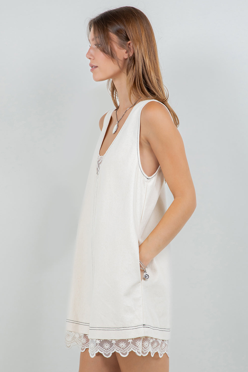 DENIM WASHED CONTRAST LACE INSERT SHIFT DRESS - OATMEAL - Whiteroom+Cactus