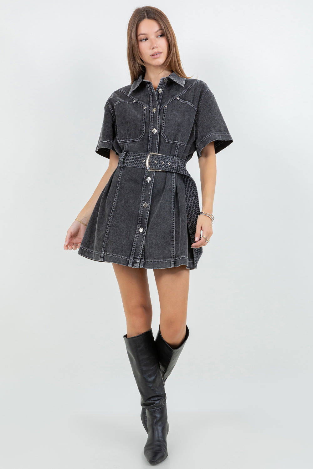 CONTRAST STITCHING COTTON WASH SHIRT DRESS WITH BELT - BLACK - Whiteroom+Cactus