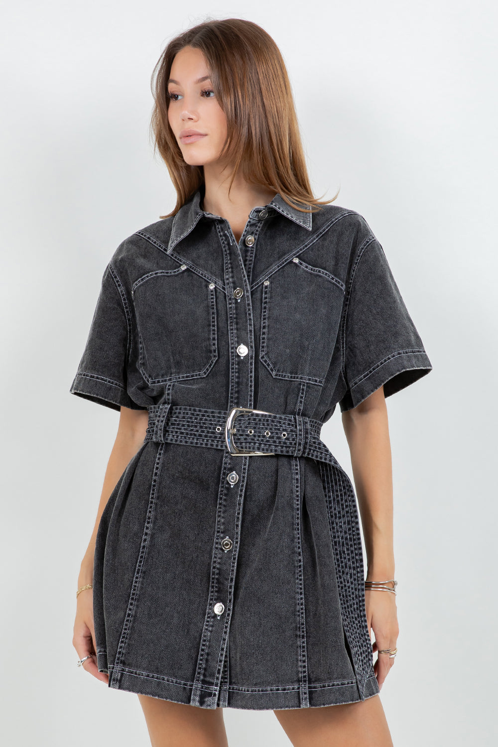 CONTRAST STITCHING COTTON WASH SHIRT DRESS WITH BELT - BLACK - Whiteroom+Cactus