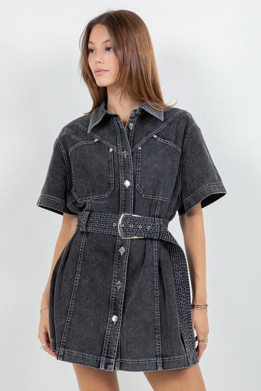 CONTRAST STITCHING COTTON WASH SHIRT DRESS WITH BELT - BLACK - Whiteroom+Cactus