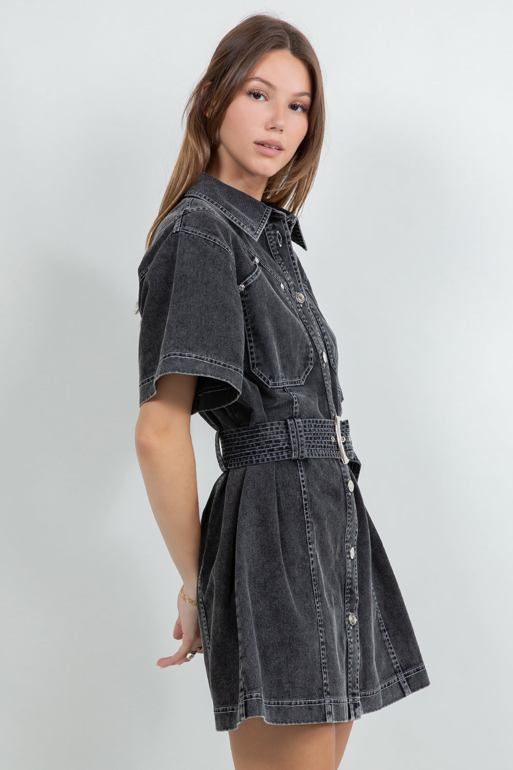CONTRAST STITCHING COTTON WASH SHIRT DRESS WITH BELT - BLACK - Whiteroom+Cactus