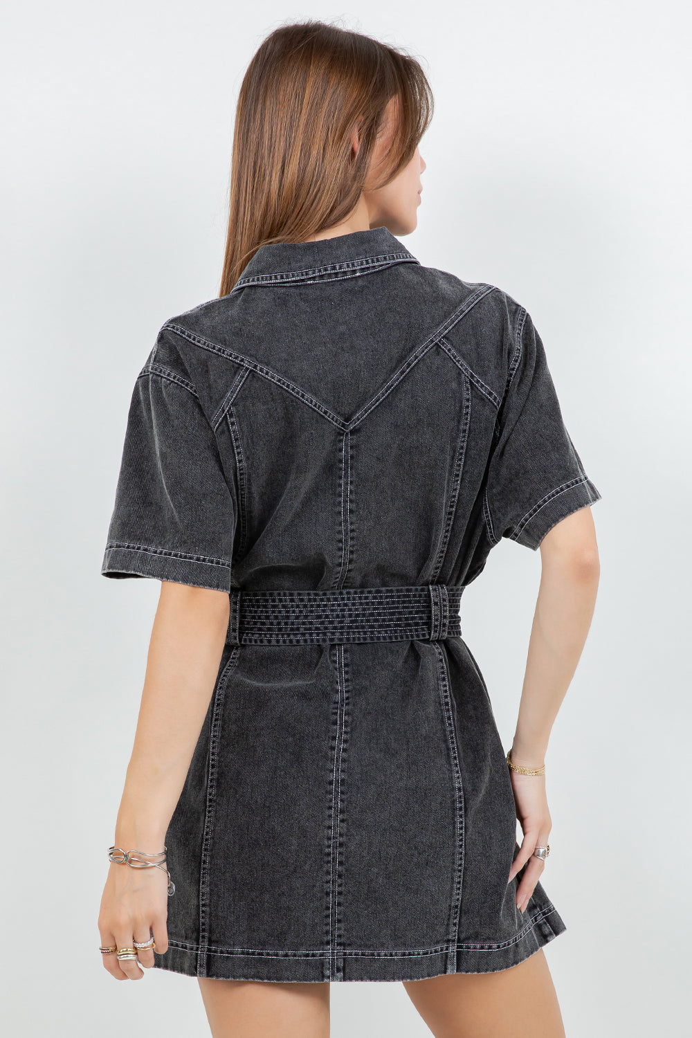 CONTRAST STITCHING COTTON WASH SHIRT DRESS WITH BELT - BLACK - Whiteroom+Cactus