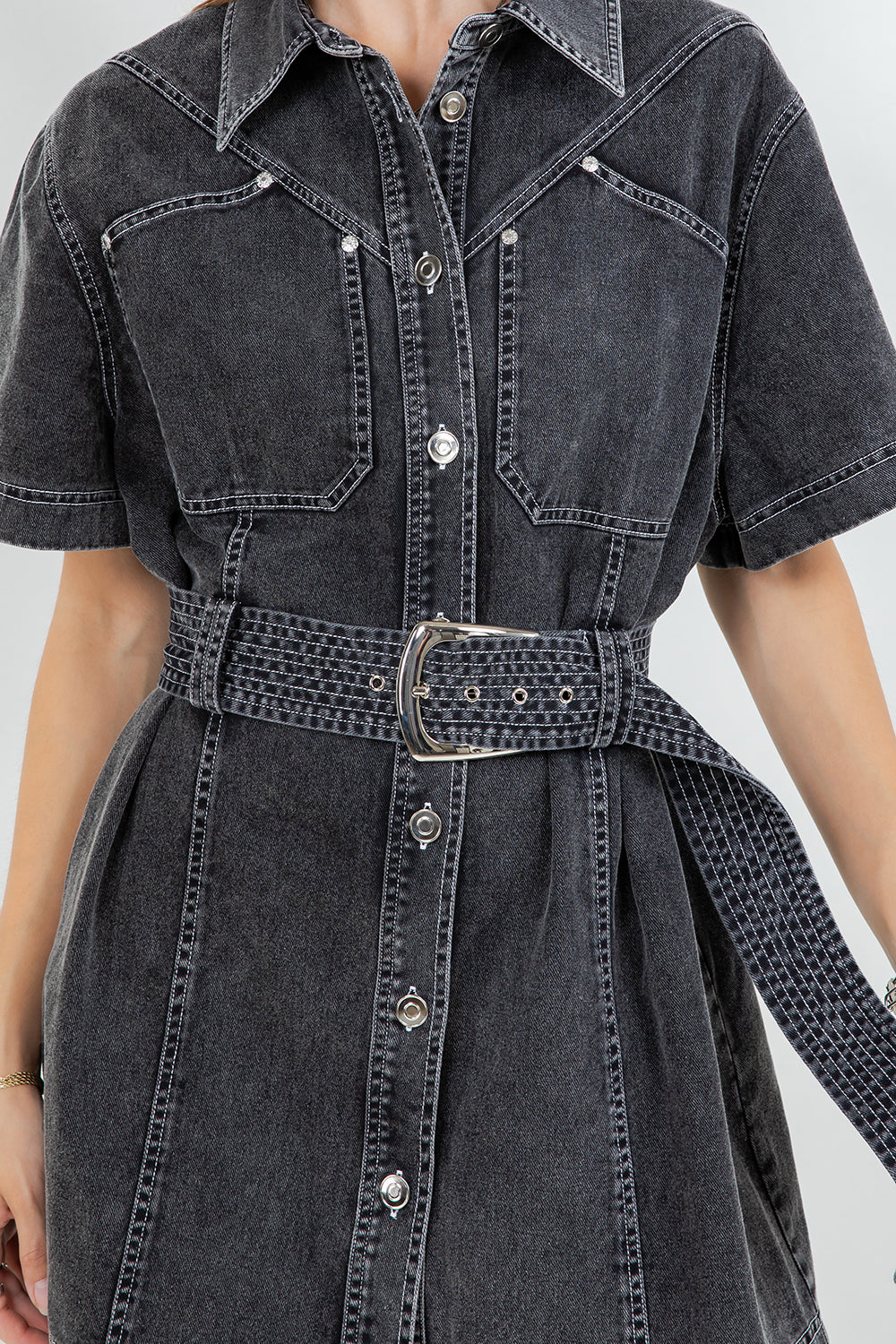 CONTRAST STITCHING COTTON WASH SHIRT DRESS WITH BELT - BLACK - Whiteroom+Cactus