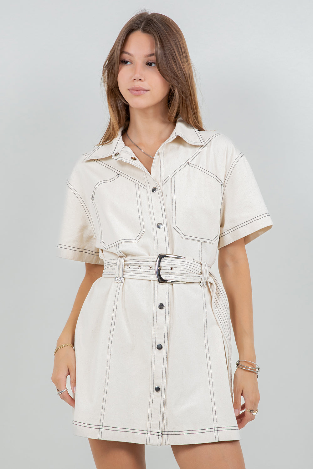 CONTRAST STITCHING COTTON WASH SHIRT DRESS WITH BELT - OATMEAL - Whiteroom+Cactus