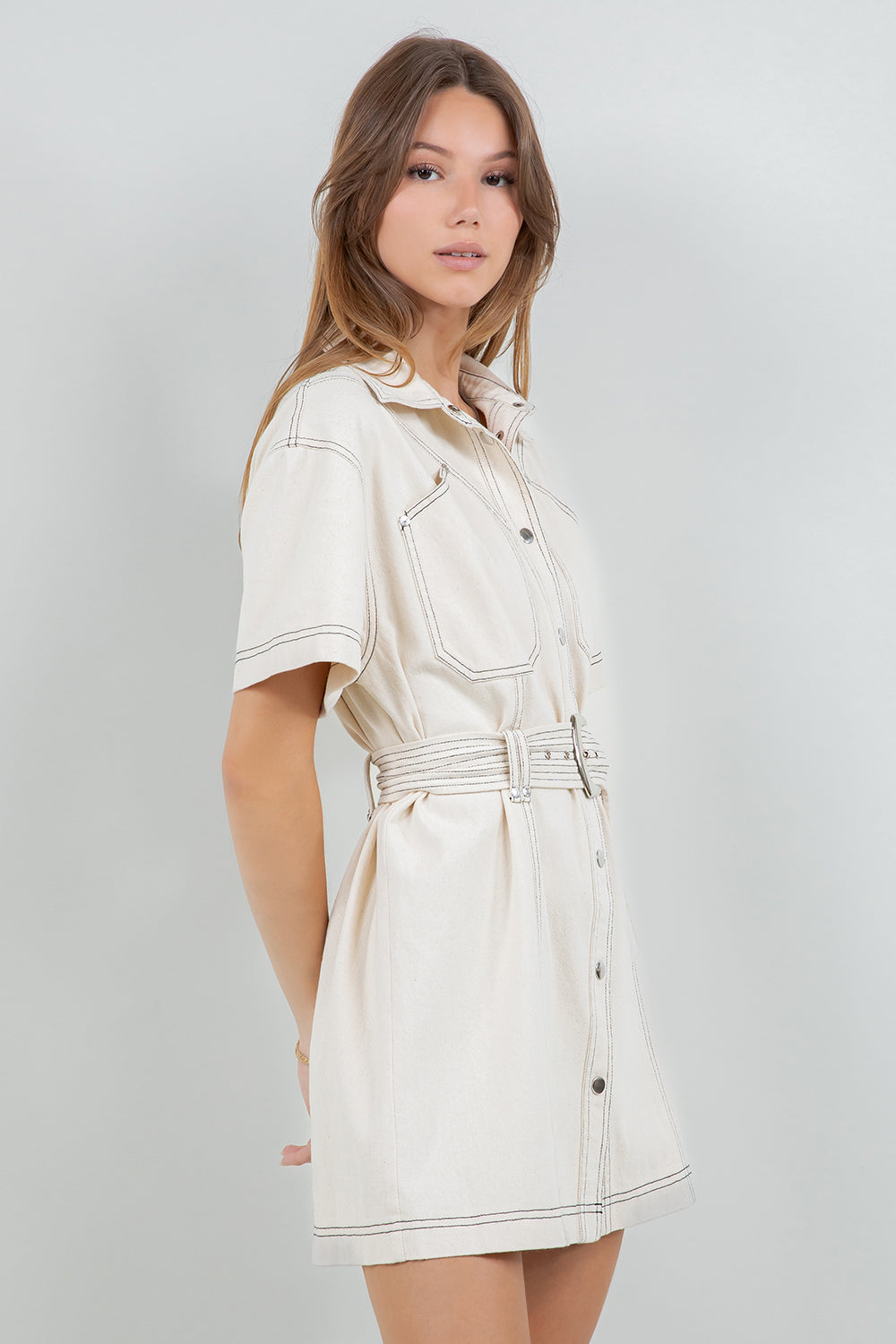 CONTRAST STITCHING COTTON WASH SHIRT DRESS WITH BELT - OATMEAL - Whiteroom+Cactus