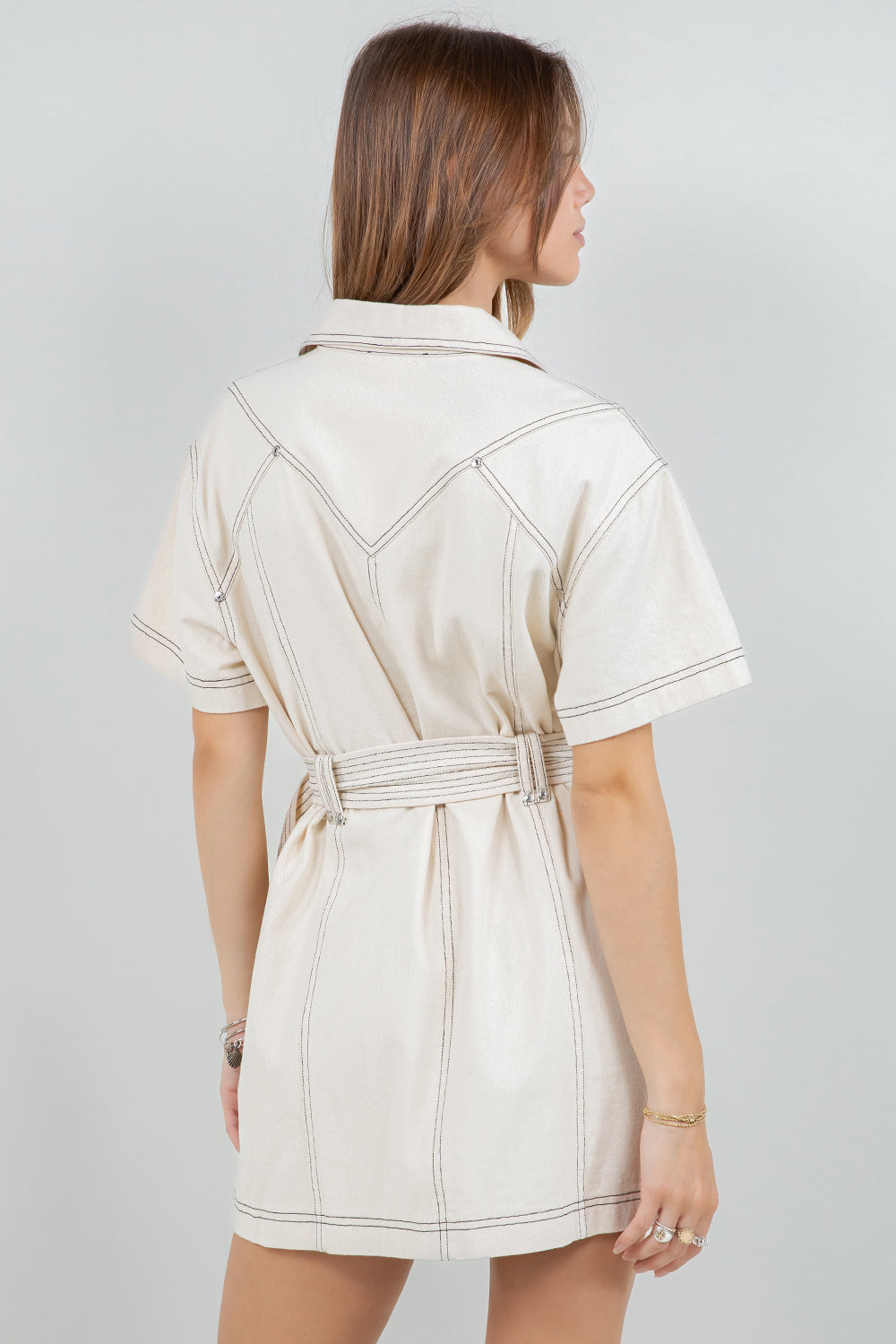 CONTRAST STITCHING COTTON WASH SHIRT DRESS WITH BELT - OATMEAL - Whiteroom+Cactus