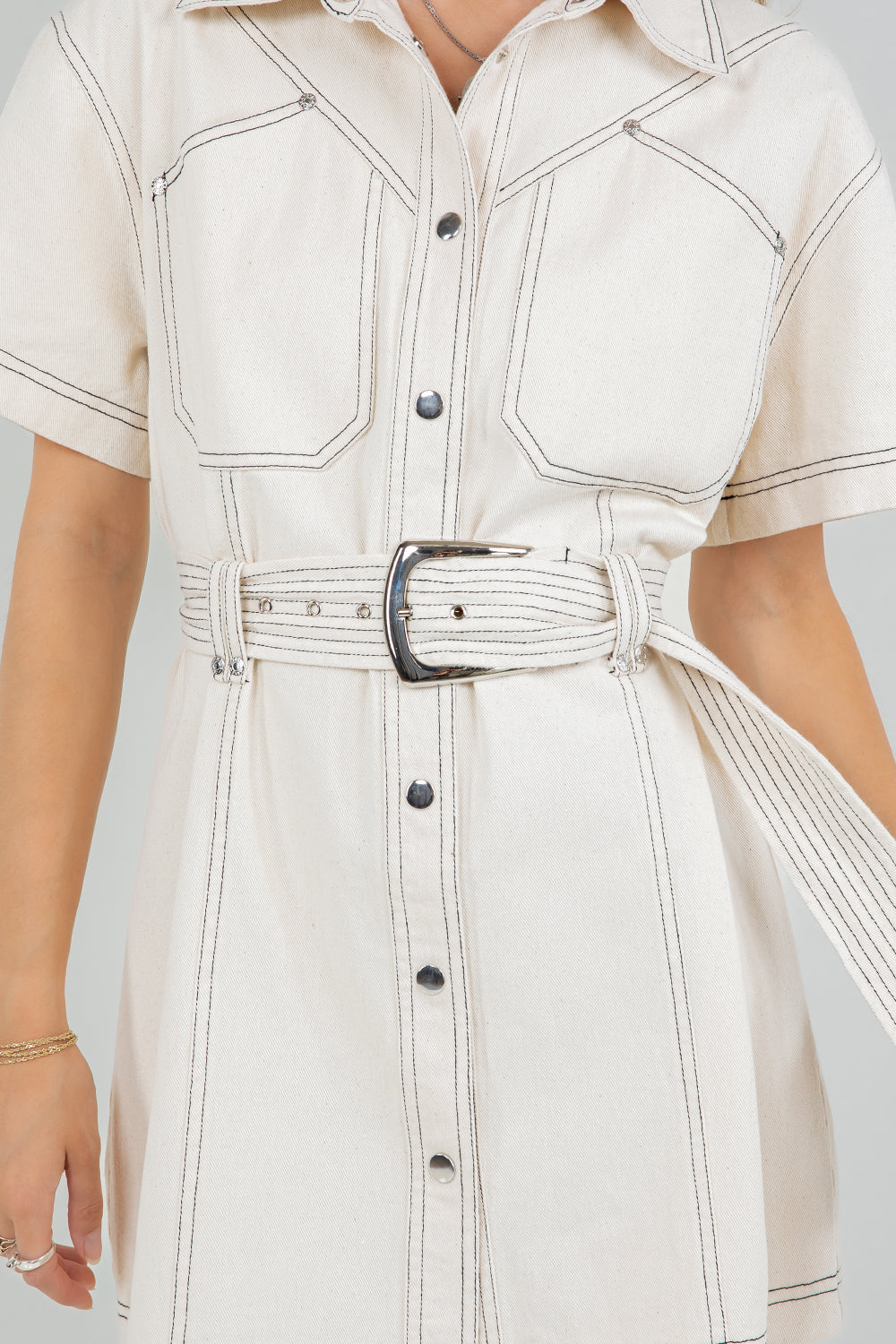 CONTRAST STITCHING COTTON WASH SHIRT DRESS WITH BELT - OATMEAL - Whiteroom+Cactus