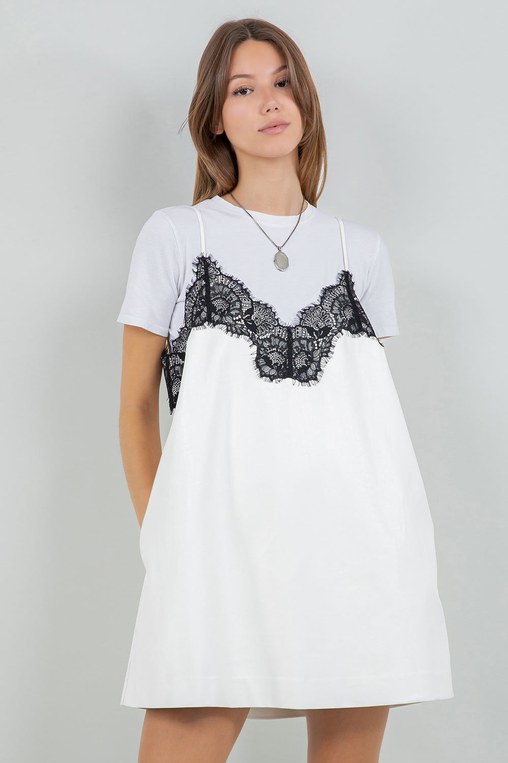 STRUCTURED PU LEATHER WITH ACCENT LACE MINI DRESS - IVORY/BLACK