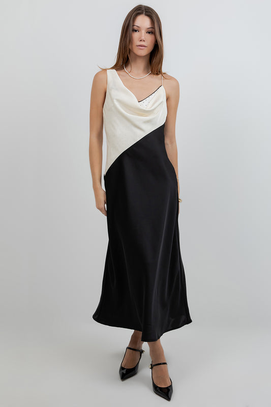 SATIN COWL NECK SLIP DRESS W/ PEAK OF POLKA DOT
