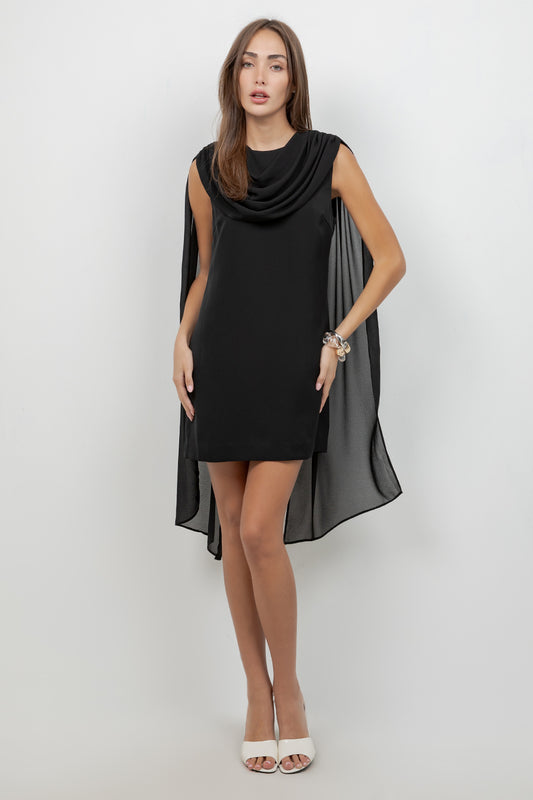 WOVEN MINI DRESS WITH ATTACHED CHIFFON SCARF