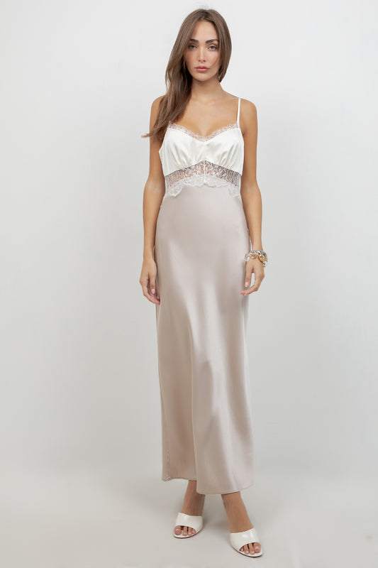 CONTRAST SATIN MAXI DRESS WITH LACE INSERT - Whiteroom+Cactus