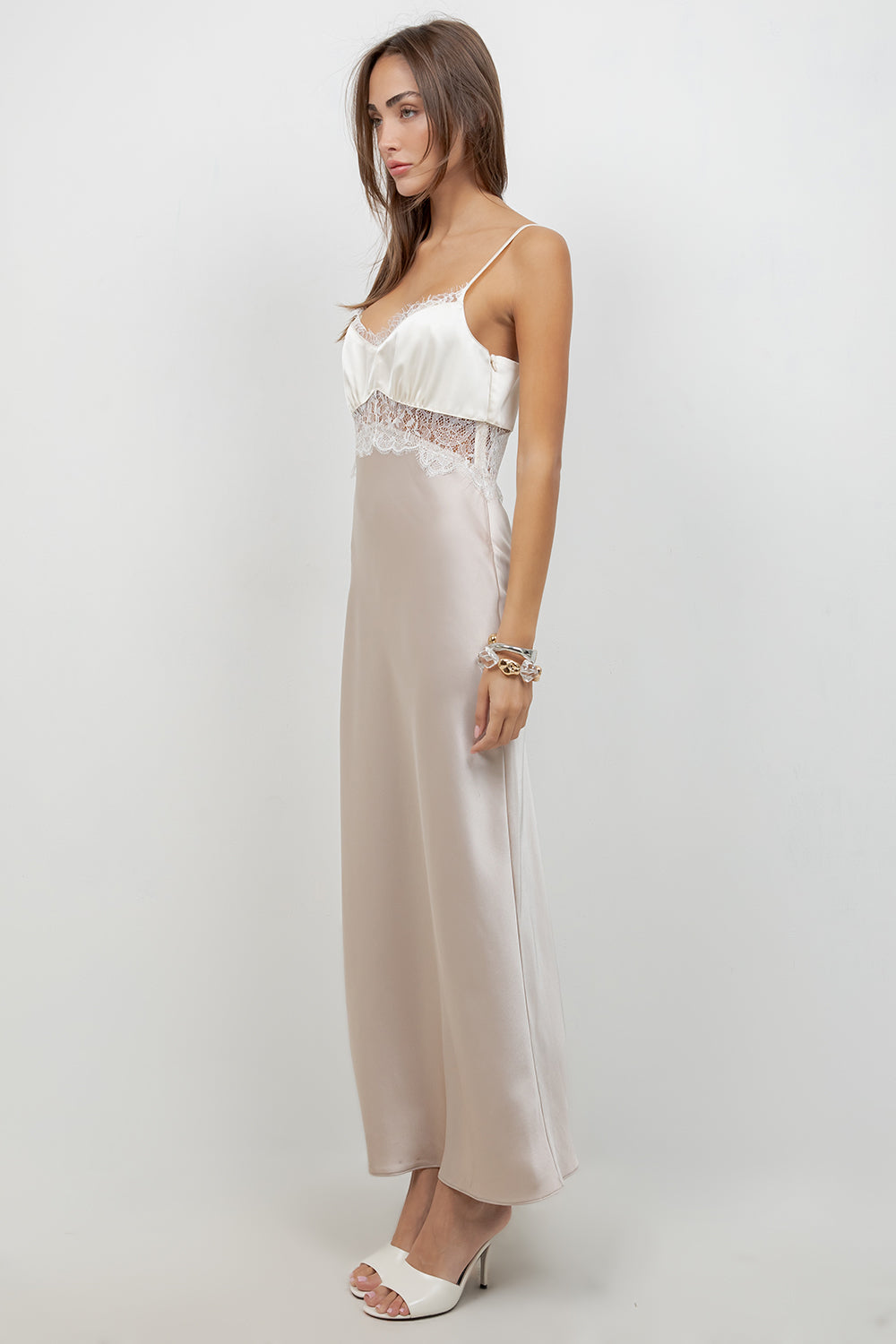 CONTRAST SATIN MAXI DRESS WITH LACE INSERT - Whiteroom+Cactus