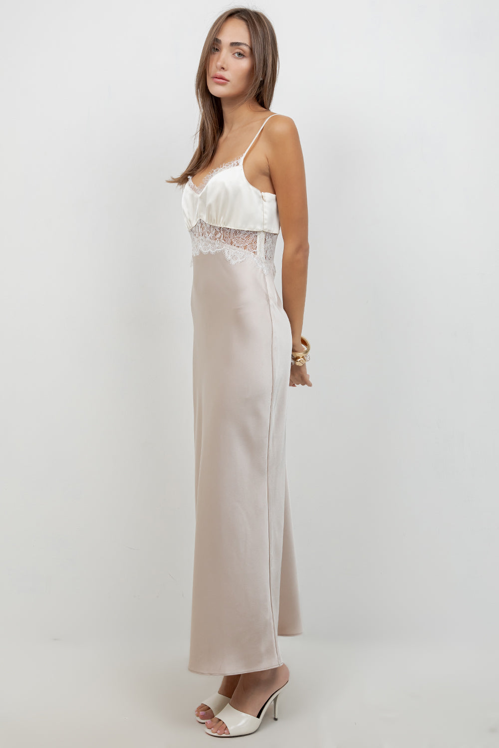 CONTRAST SATIN MAXI DRESS WITH LACE INSERT - Whiteroom+Cactus