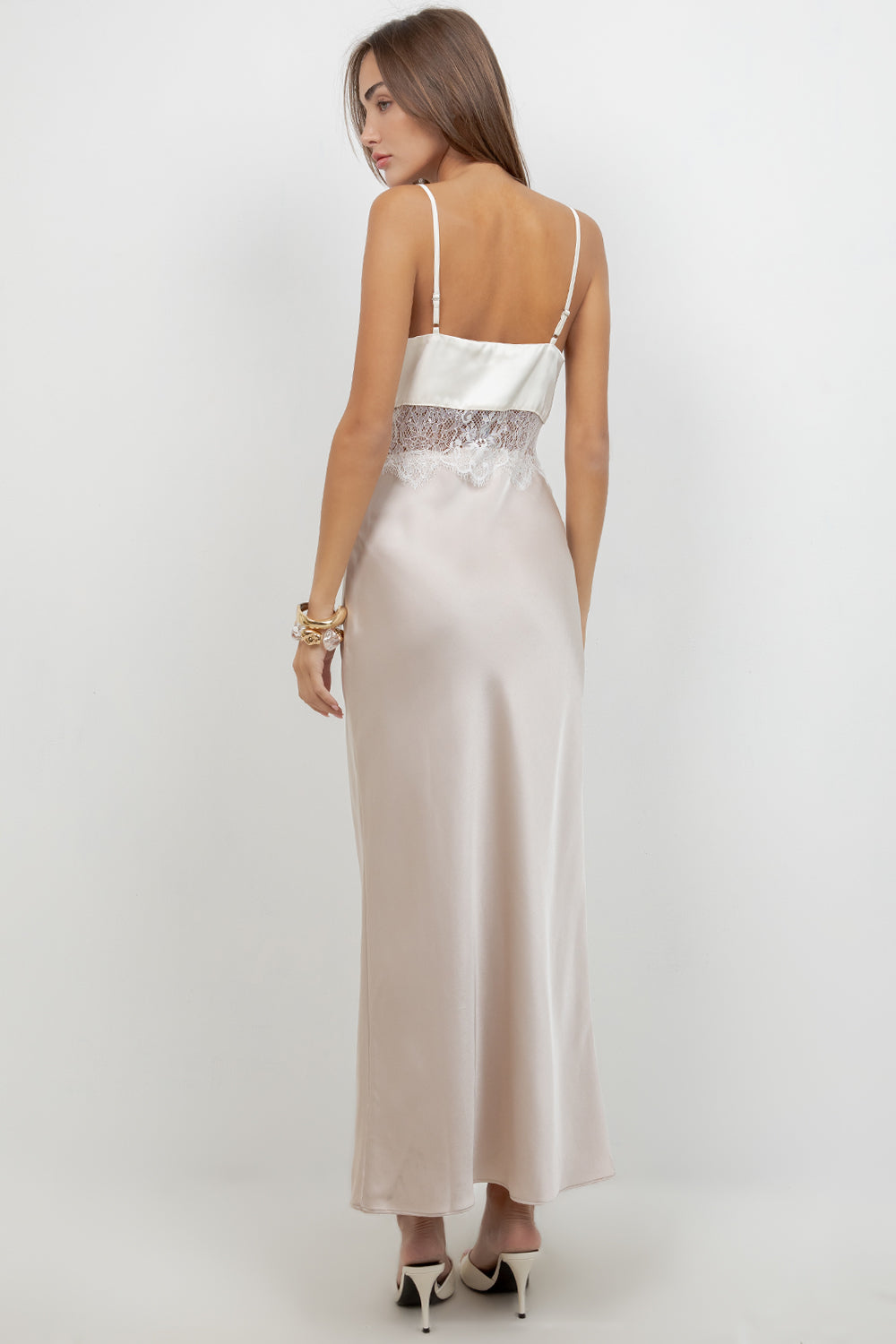 CONTRAST SATIN MAXI DRESS WITH LACE INSERT - Whiteroom+Cactus
