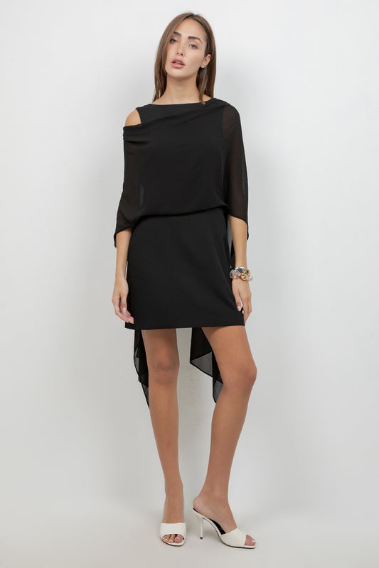 WOVEN MINI DRESS WITH ATTACHED CHIFFON SCARF