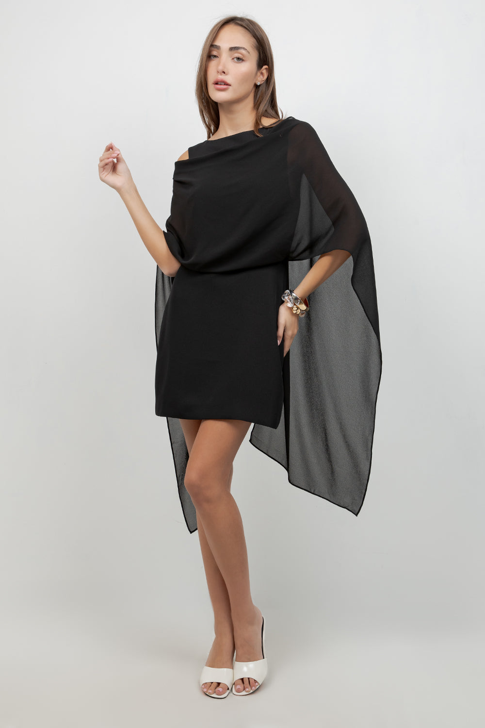 WOVEN MINI DRESS WITH ATTACHED CHIFFON SCARF