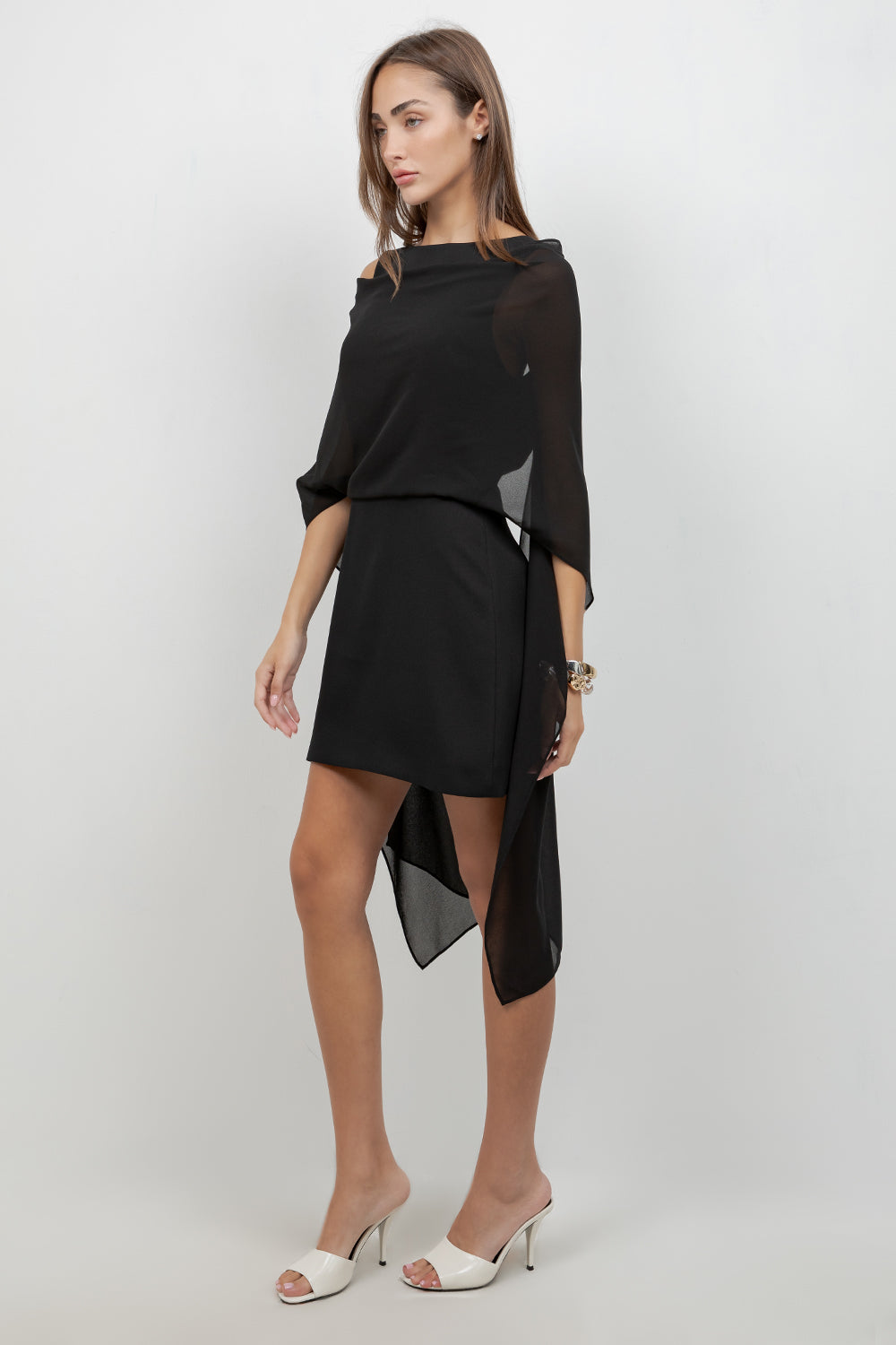 WOVEN MINI DRESS WITH ATTACHED CHIFFON SCARF