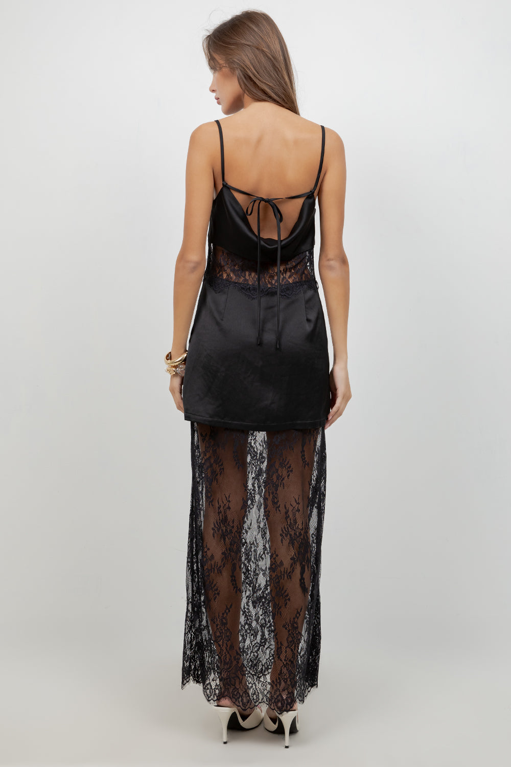 LACE COMBO SATIN DRESS WITH COWL NECK - Whiteroom+Cactus