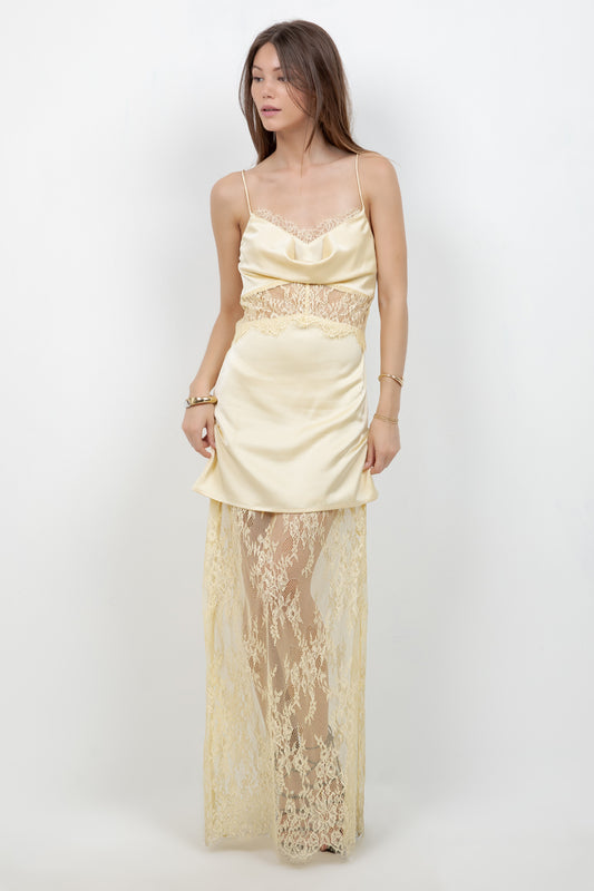 LACE COMBO SATIN DRESS WITH COWL NECK