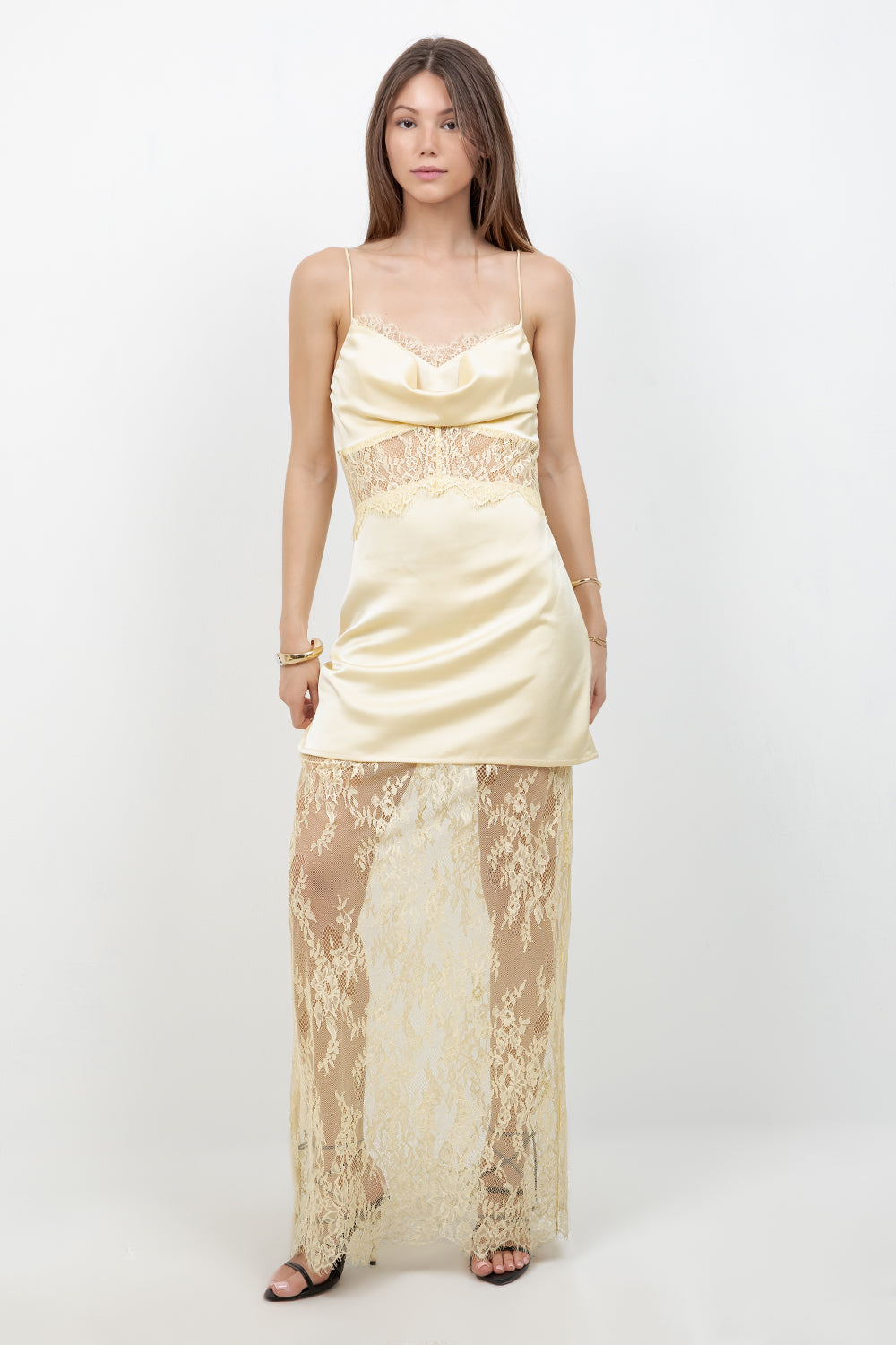 LACE COMBO SATIN DRESS WITH COWL NECK - Whiteroom+Cactus