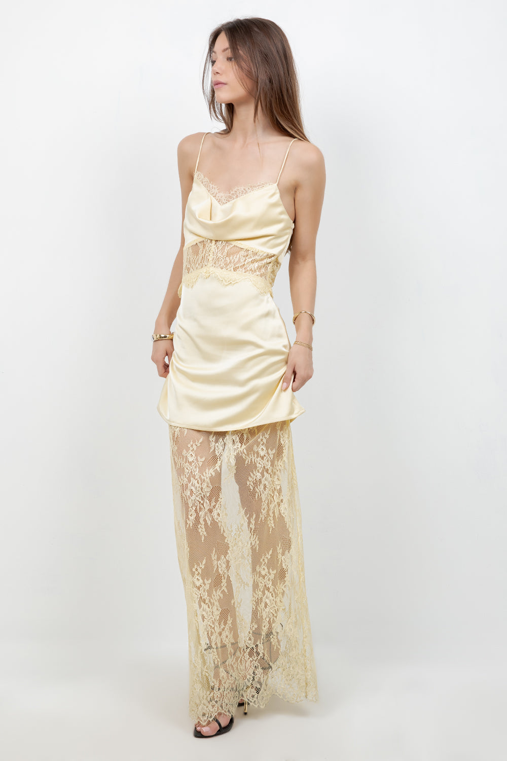 LACE COMBO SATIN DRESS WITH COWL NECK - Whiteroom+Cactus