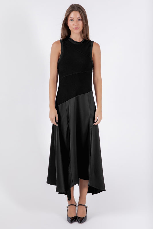 KNITTED SATIN COMBO SLEEVELESS DRESS