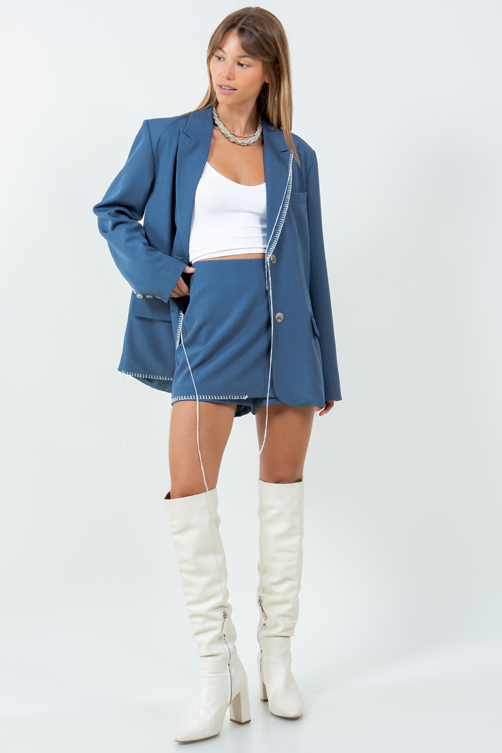 CONTRAST BLANKET STITCHED OVERSIZED BLAZER - DENIM BLUE