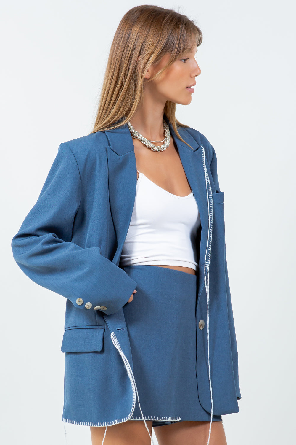 CONTRAST BLANKET STITCHED OVERSIZED BLAZER - DENIM BLUE