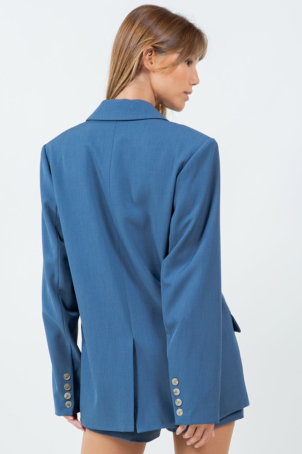 CONTRAST BLANKET STITCHED OVERSIZED BLAZER - DENIM BLUE