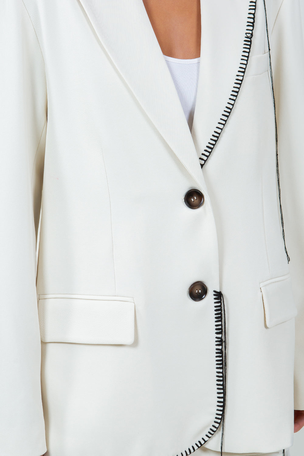 CONTRAST BLANKET STITCHED OVERSIZED BLAZER - IVORY