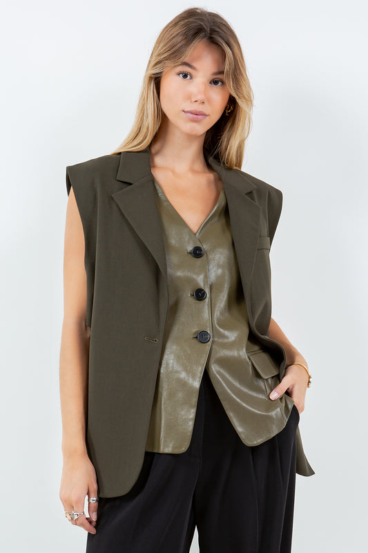 PU CONTRASTED DOUBLE LAYER LINE VEST - OLIVE COMBO