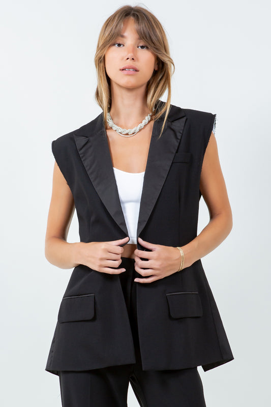 CONTRAST SATIN LAPEL W VISIBLE SHOULDER PAD JACKET VEST - BLACK