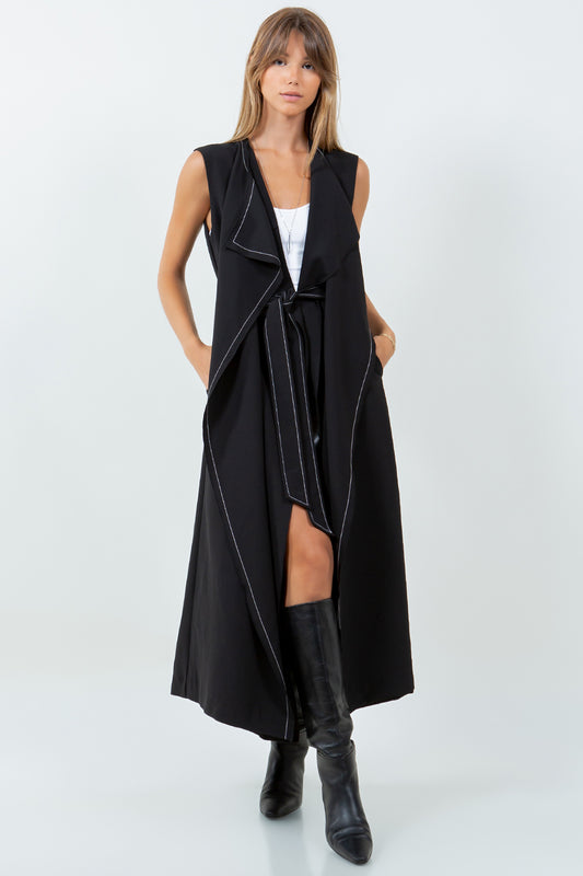 DOUBLE LAPEL LONG LINE STRUCTURED VEST JACKET - BLACK