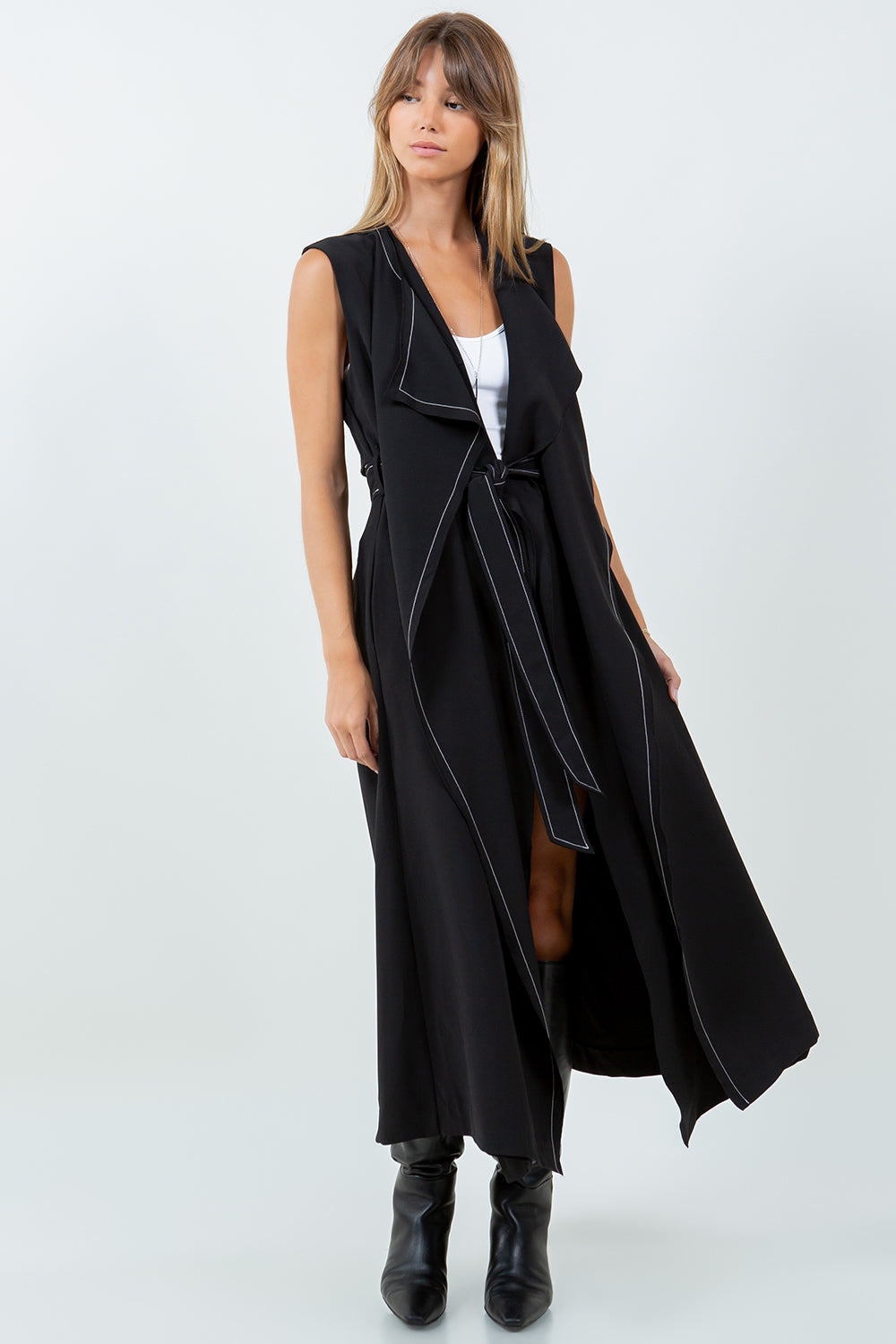 DOUBLE LAPEL LONG LINE STRUCTURED VEST JACKET - BLACK