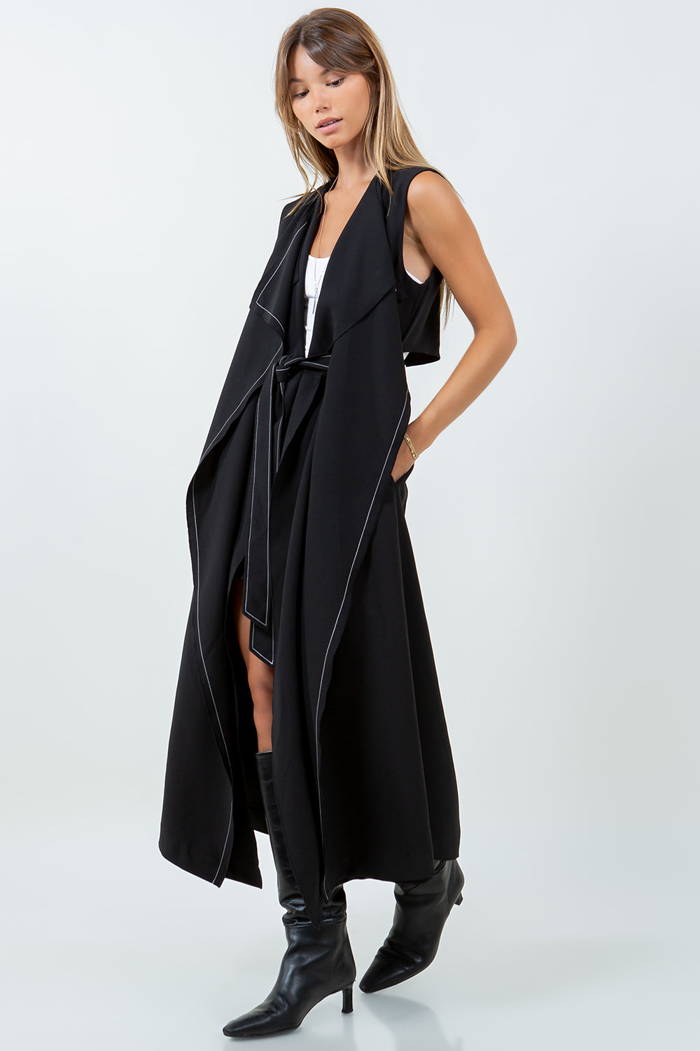 DOUBLE LAPEL LONG LINE STRUCTURED VEST JACKET - BLACK