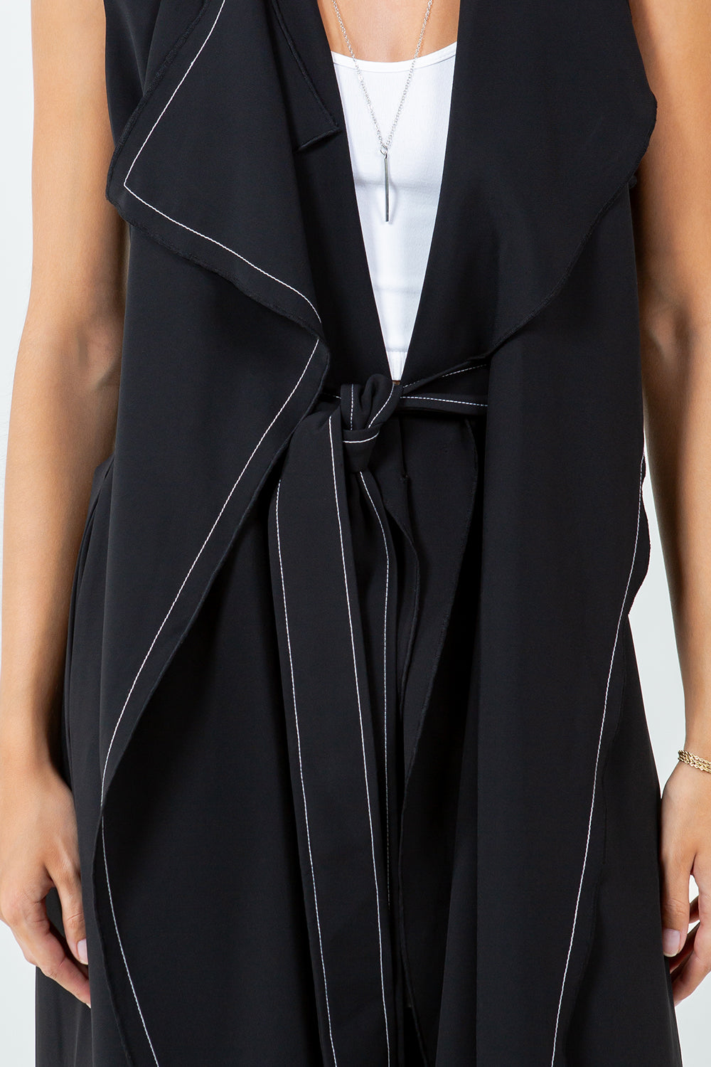 DOUBLE LAPEL LONG LINE STRUCTURED VEST JACKET - BLACK