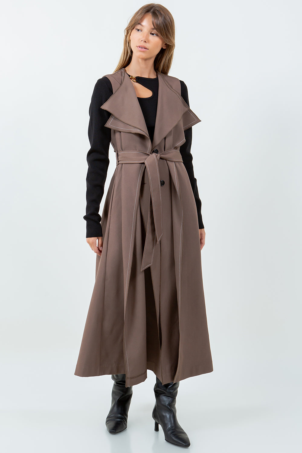 DOUBLE LAPEL LONG LINE STRUCTURED VEST JACKET - MOCHA